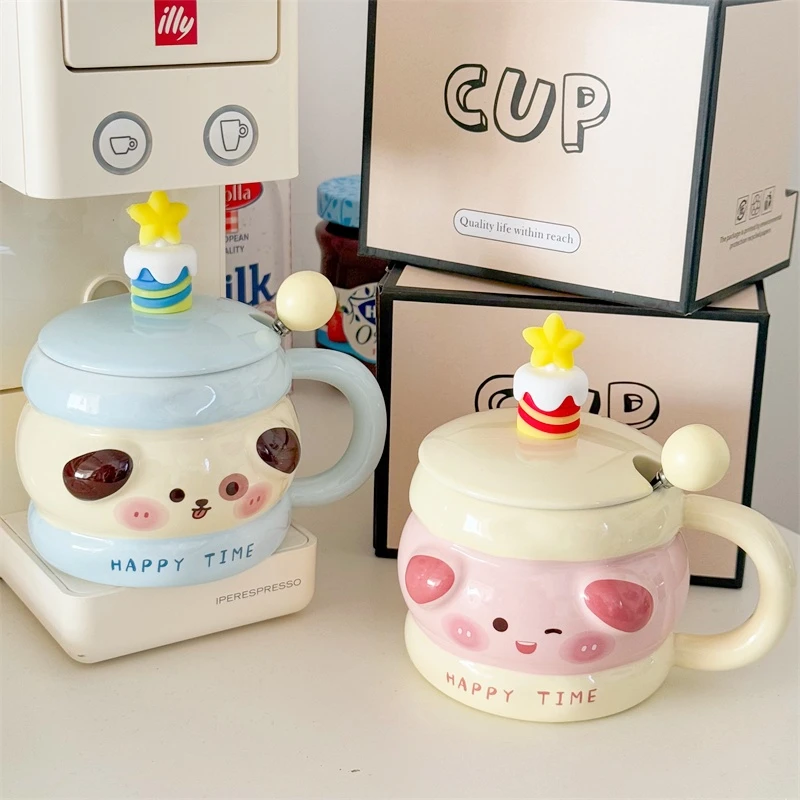 创意呆萌马克杯带盖早餐杯可爱大容量咖啡杯学生闺蜜送礼陶瓷水杯