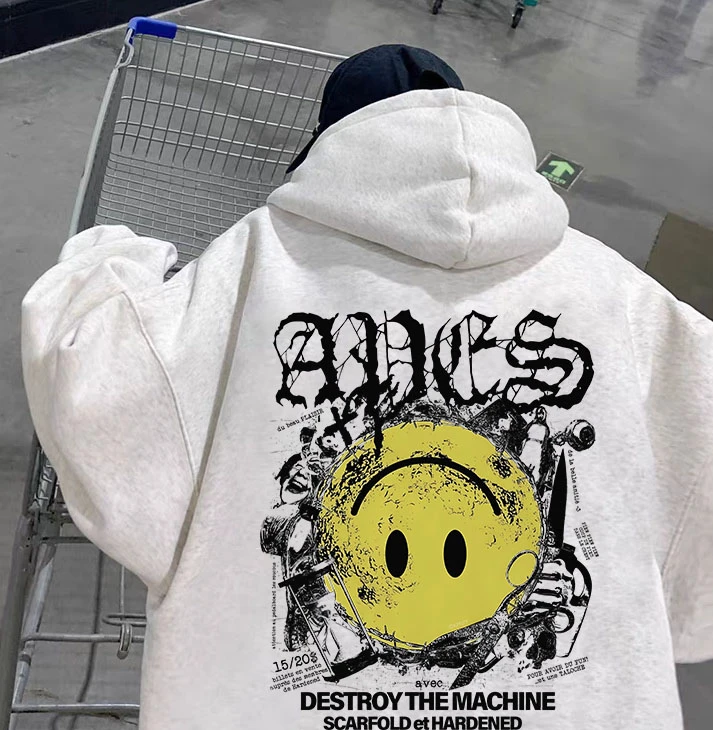 重磅500克加绒加厚连帽卫衣宽松街头笑脸设计秋冬季男女同款男装Z