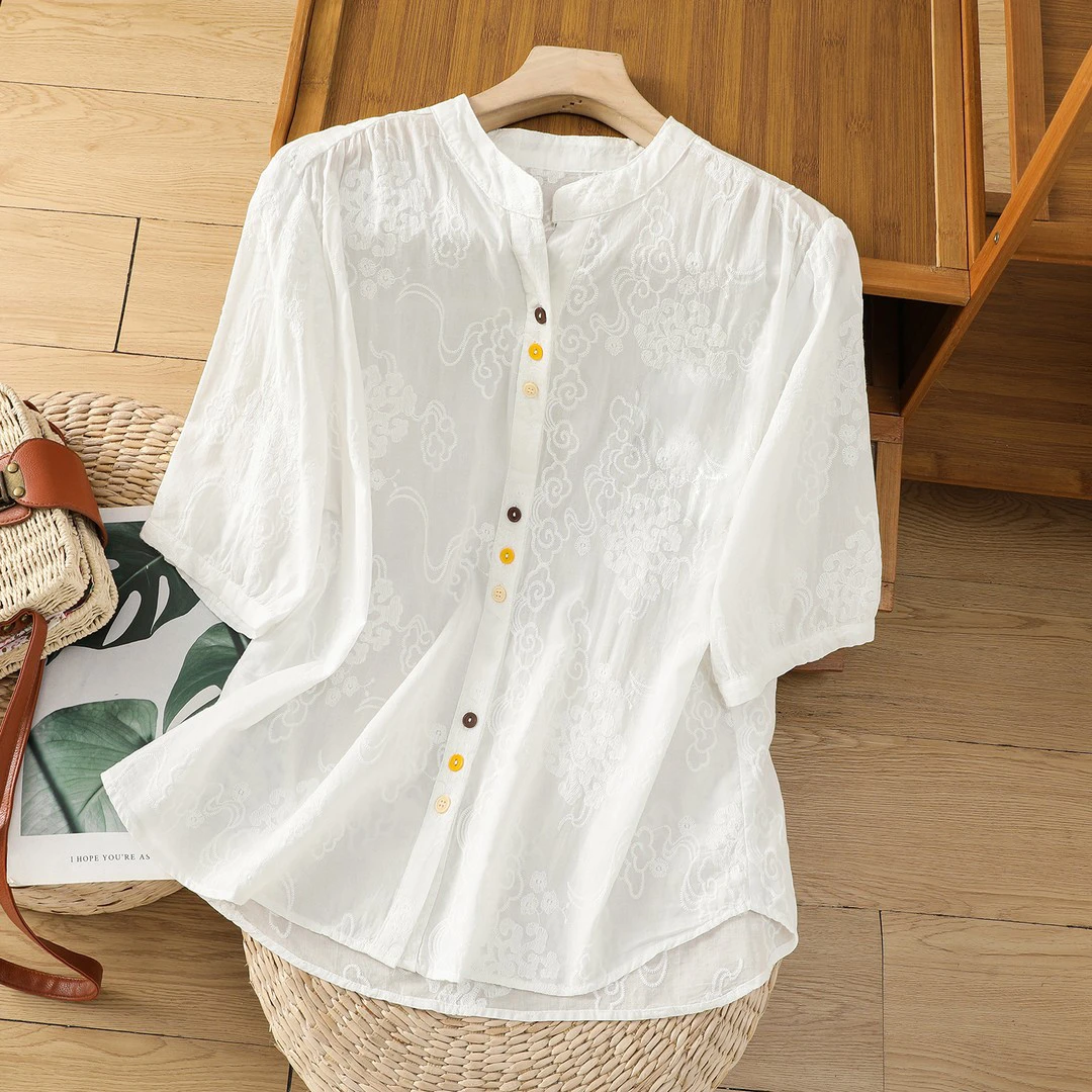 季念100%棉透气新款文艺范气质女装短袖衬衫满绣轻奢风小衫衬衣女