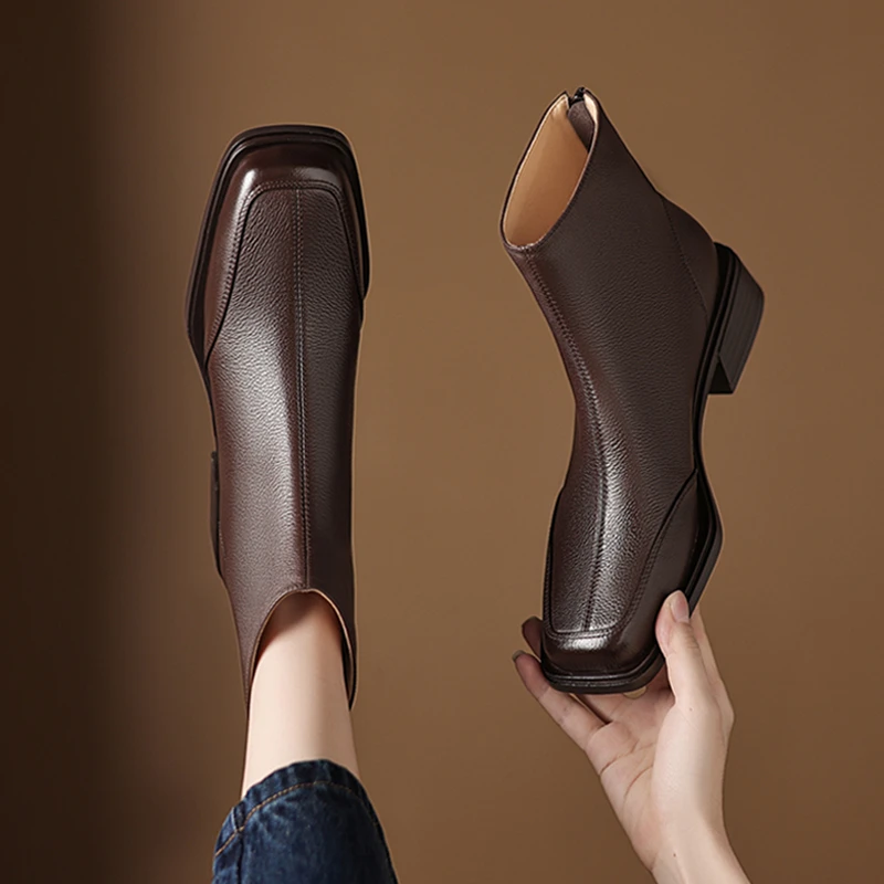 老钱风真皮小短靴女款爆款方头瘦瘦靴子简约百搭中跟英伦风马丁靴