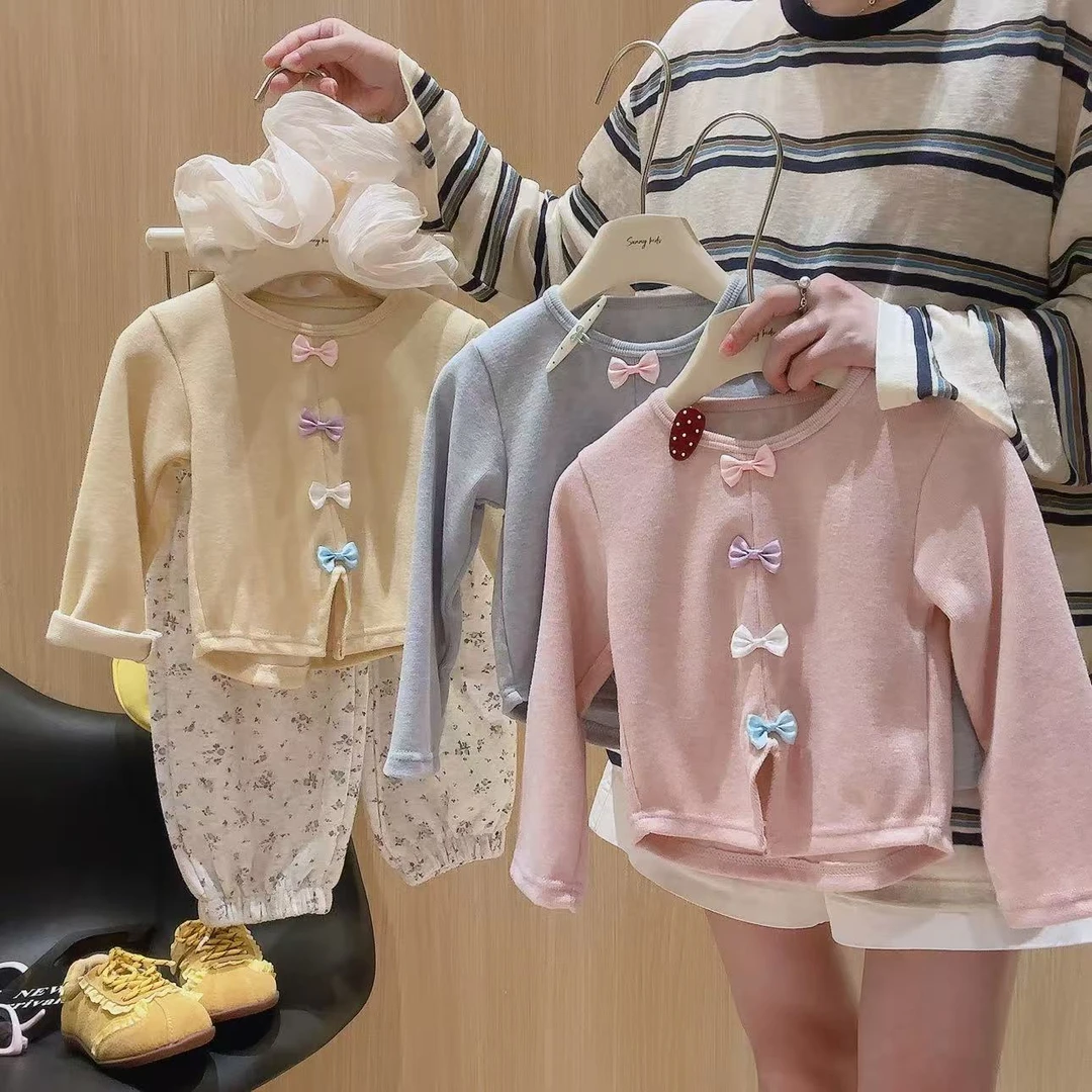 公主风多巴胺女童装秋季长袖衬衣时尚蝴蝶结T恤