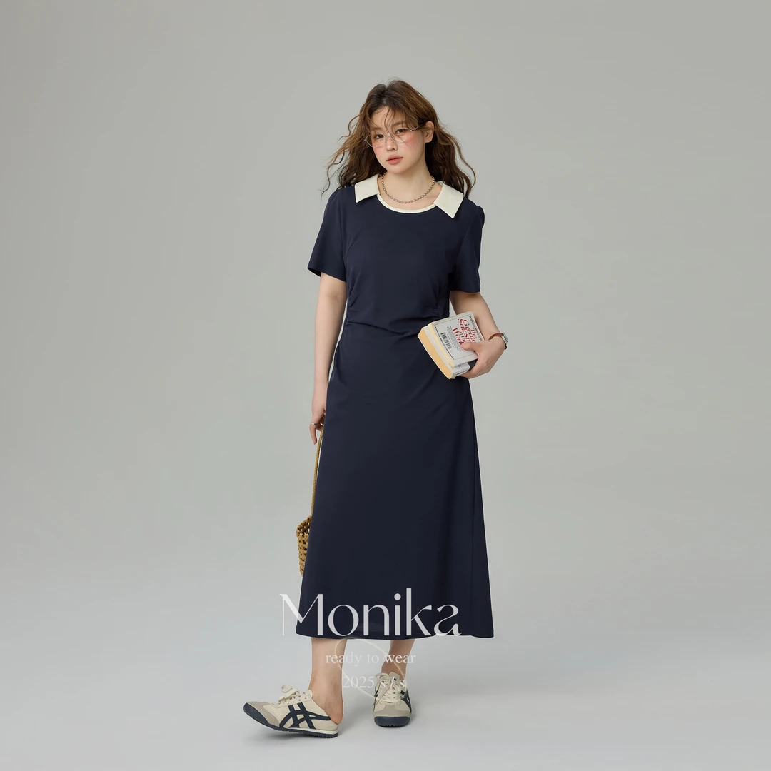 大码女装夏季新品撞色胖mm拼接polo领收腰显瘦长裙连衣裙4914