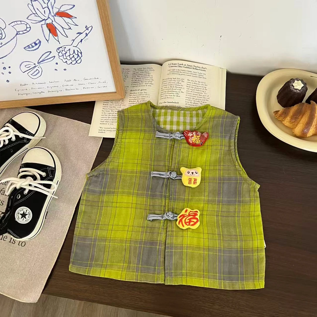 儿童夏季立体福字玩偶无袖圆领格子衬衫H2254