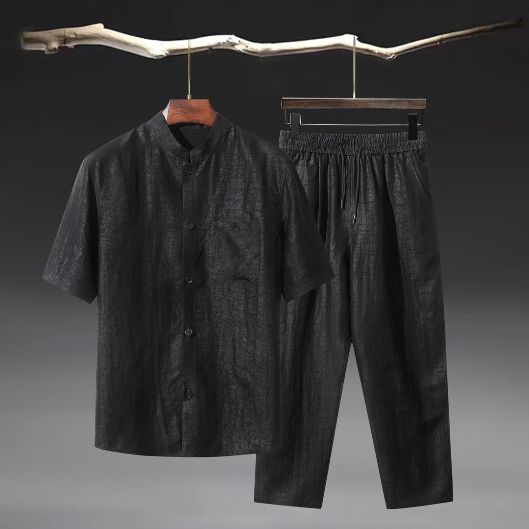 2409香云纱黑龟100%桑蚕丝上衣男士短袖薄款宽松中国风男士香云纱