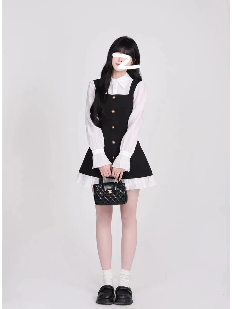 心动降临 假两件设计黑白撞色高级感收腰显瘦连衣裙