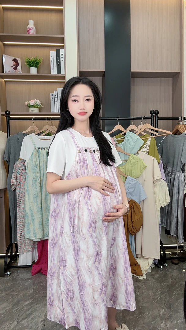 2025夏季新款韩版时尚薄荷曼波扎染拼接假两件孕妇连衣裙