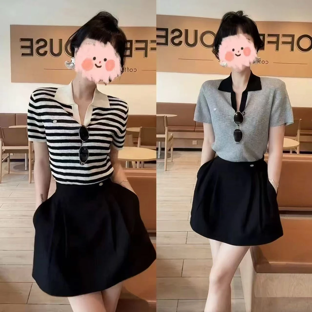 夏季新款减龄衬衫领针织衫上衣短袖套装修身包臀半身裙洋气衣服女