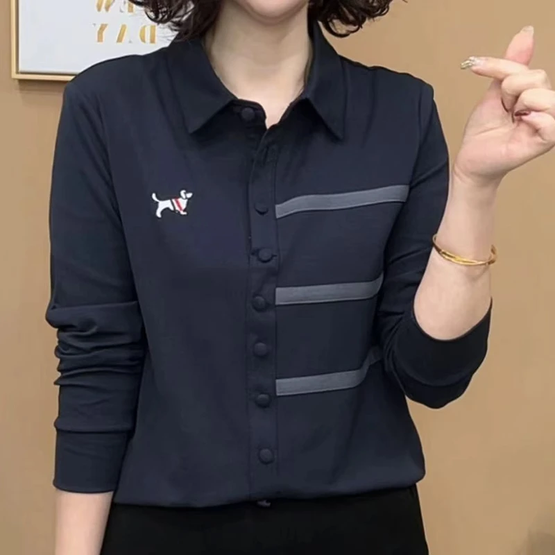 俞兆林2025春季POLO领设计感刺绣上衣女洋气妈妈装长袖t恤衬衫