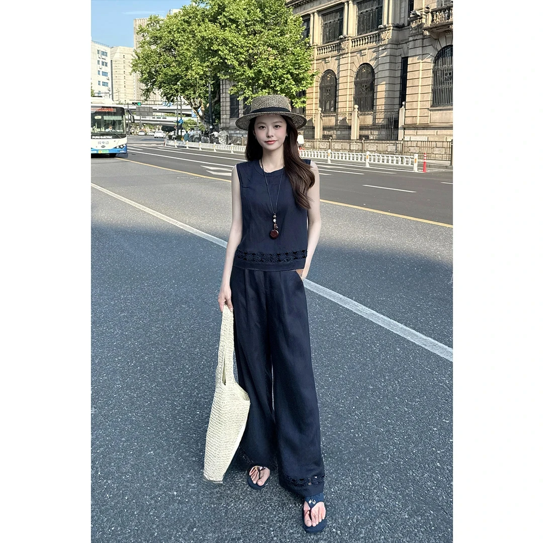 初夏新款2025高级气质显瘦花边马甲+直筒裤套装女F094