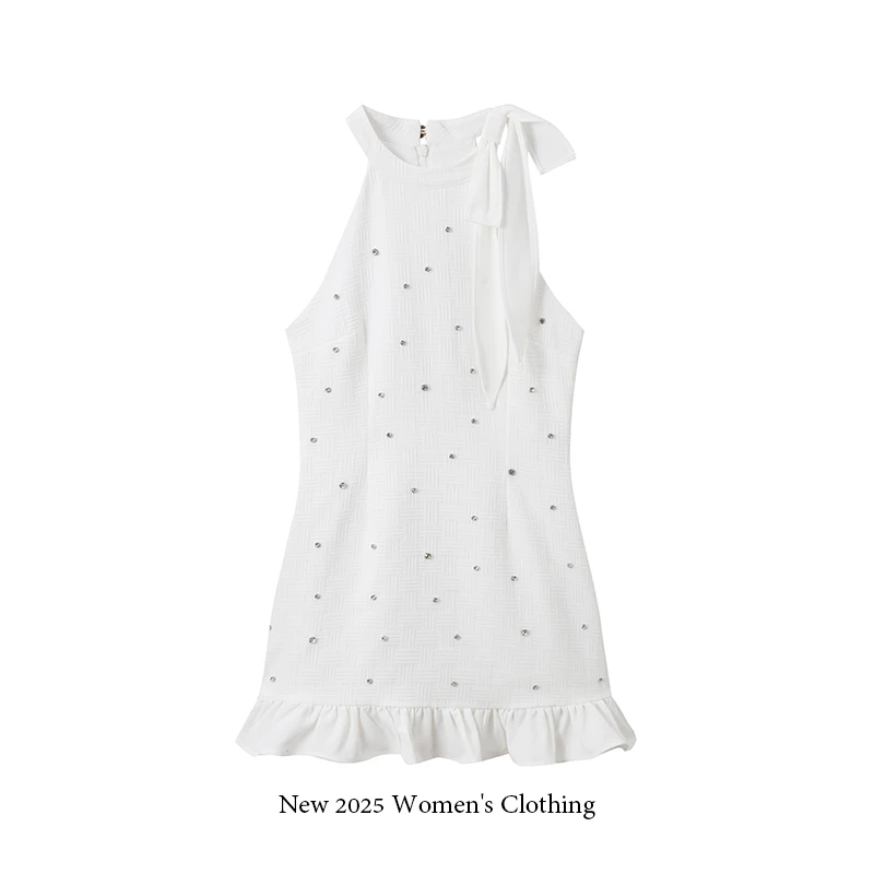 【现货】夏季轻奢女装挂脖式绑带钉钻连衣裙