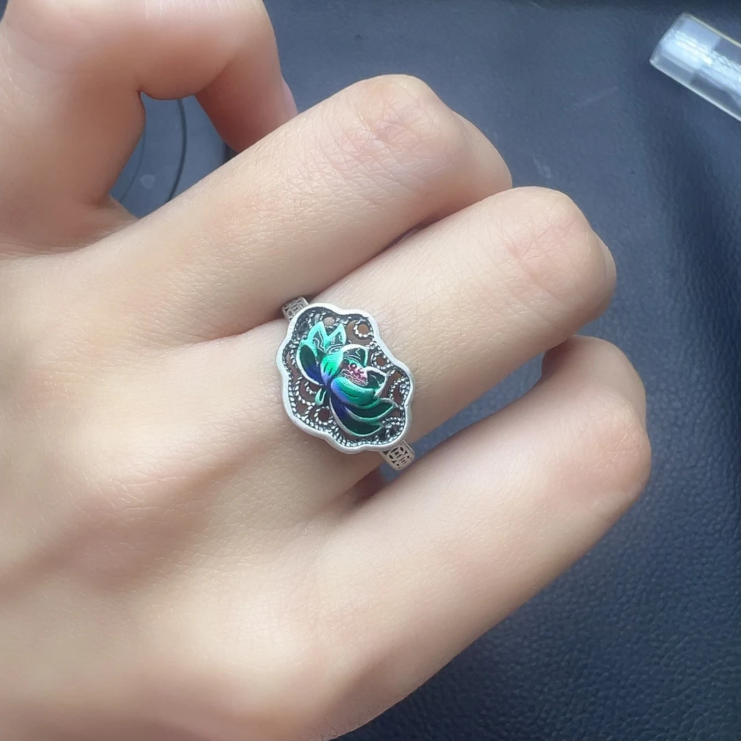 足银戒指 足银珐琅彩莲花戒指