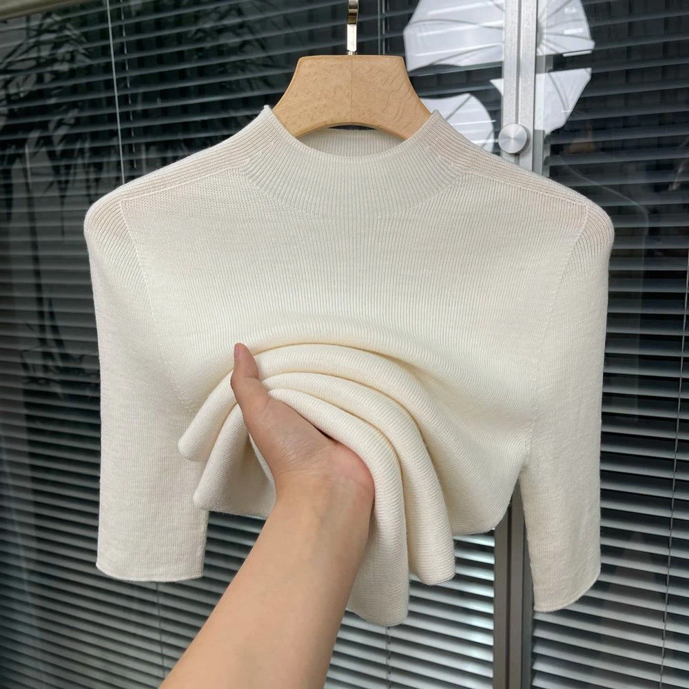 半高领中袖女春秋修身高级感半袖打底气质洋气女士内搭纯色圆领
