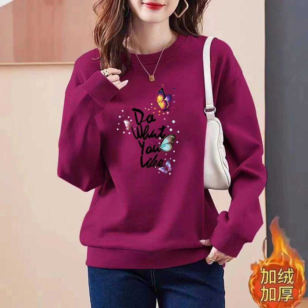 棉紫红色加绒无帽卫衣女运动新款时尚韩版高档百搭长袖卫衣女装