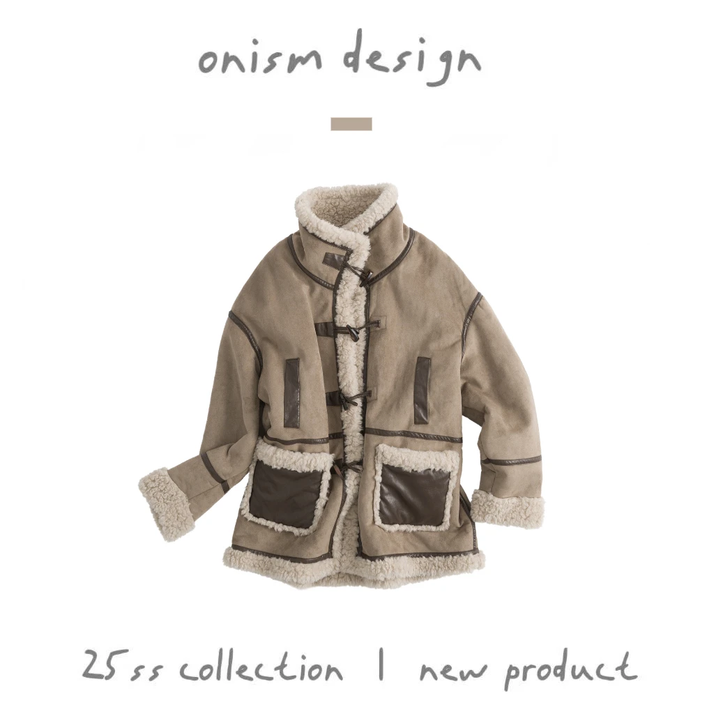 “雪夜麋鹿”摩登牧人北欧拼皮双面穿撞色大衣休闲宽松牛角扣外套