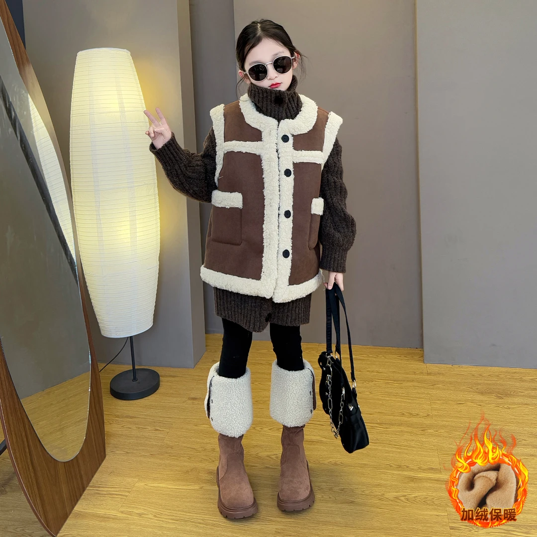 女童2025新款秋冬季韩系保暖时尚马甲中长款毛衣加绒铅笔裤套装潮
