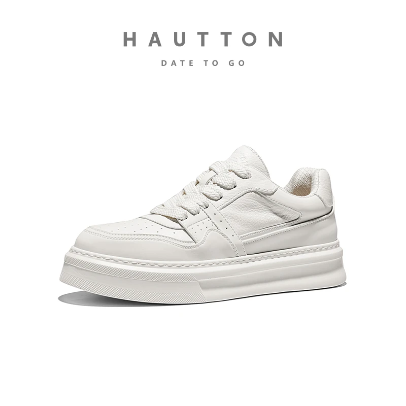 HautTon皓顿男鞋夏季新款黑白运动板鞋百搭厚底真皮面包鞋鞋子