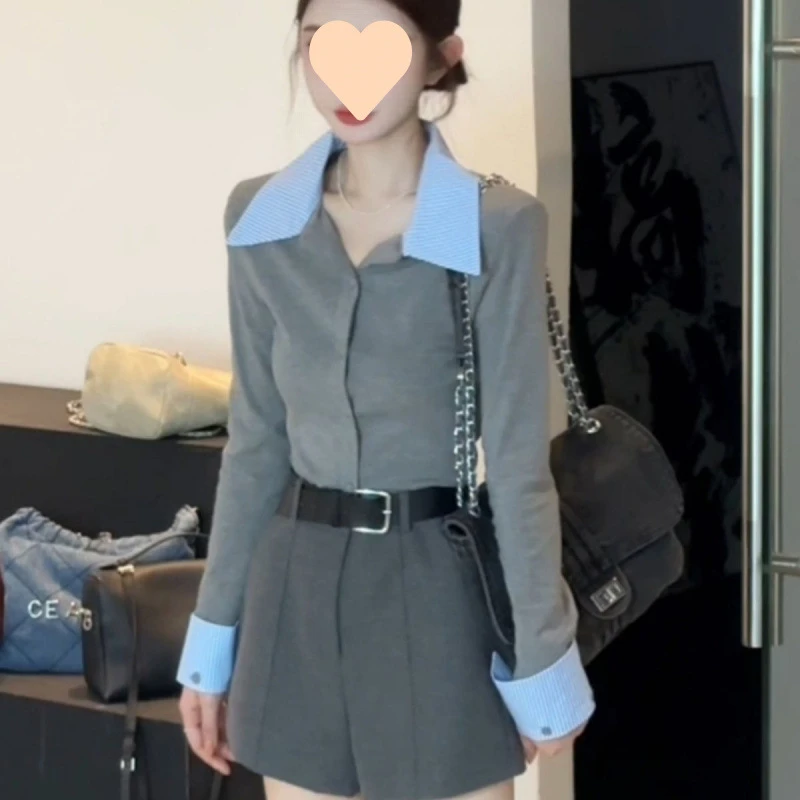 韩版短款撞色翻领长袖衬衫假两件春秋2025新款开衫修身显瘦上衣