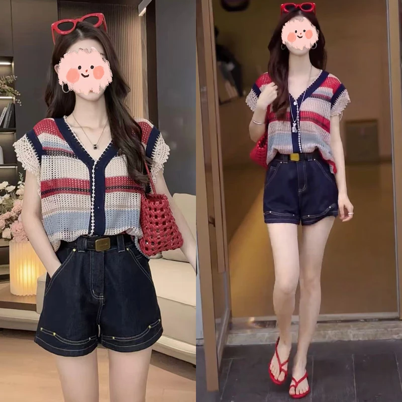 小众女装夏季短袖条纹针织上衣牛仔短裤套装休闲洋气衣服女慵懒风
