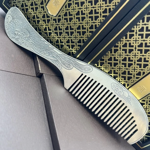 足银银制品 184号足银999.9复古做旧龙凤银梳子送礼物约99.19克