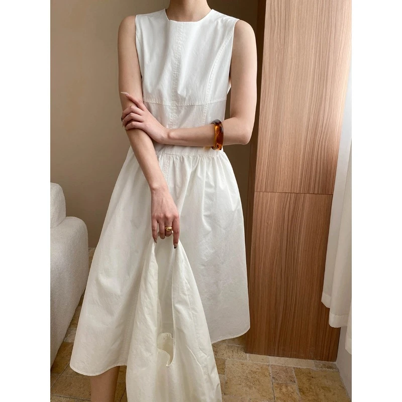 政予 送包包 法式简约气质分割线收腰显瘦无袖棉麻连衣裙