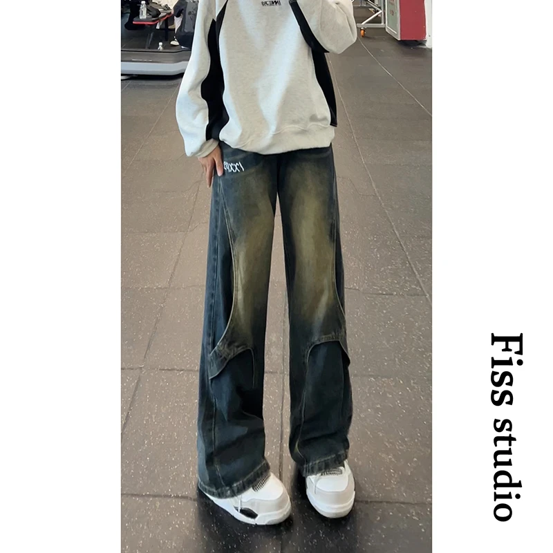 美式重工解构拼接牛仔裤男高街潮牌宽松直筒裤水洗做旧vibe小众潮