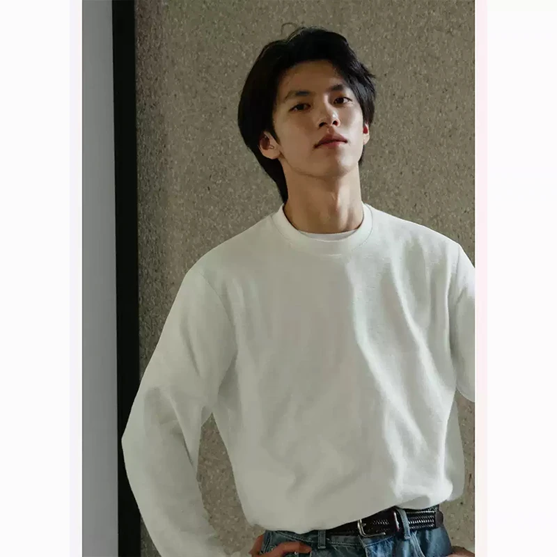 美式重磅纯棉小领口长袖T恤男圆领卫衣cleanfit纯白色内搭打底衫