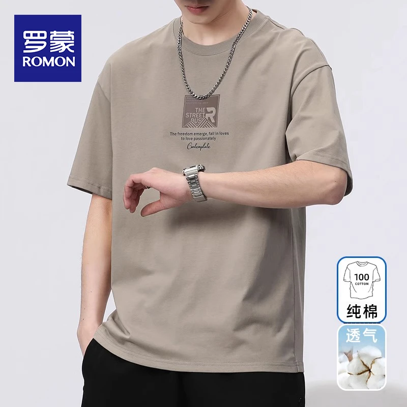 罗蒙纯棉时尚短袖t恤男士夏季2025新款宽松潮牌休闲百搭ins上衣男