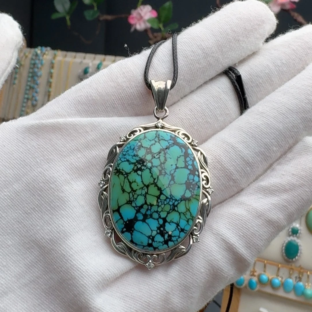 绿松石银S925镶嵌颈饰吊坠