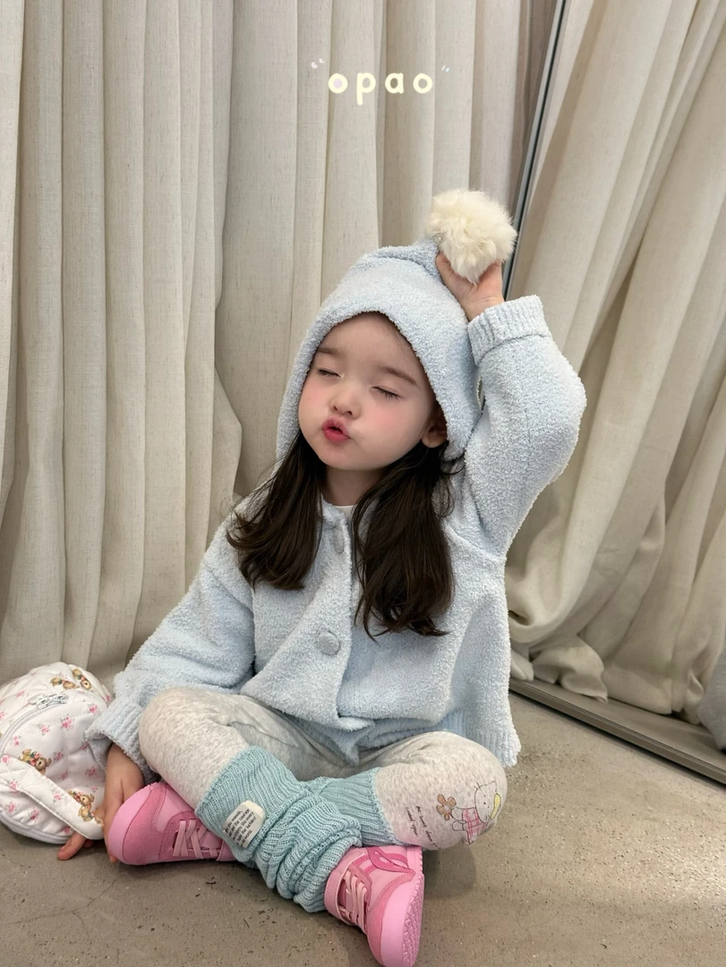 【opao】25秋季新款女宝宝童装蓝色毛圈外套可爱球球805