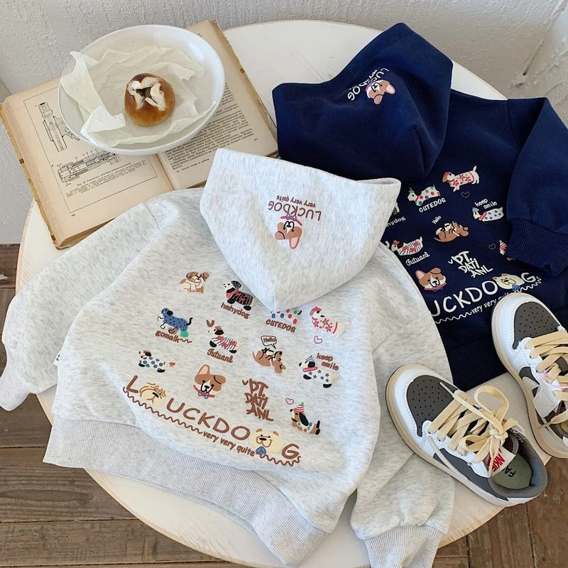 2025春季新款儿童卡通小狗连帽卫衣男女童春装帽衫小童休闲上衣潮