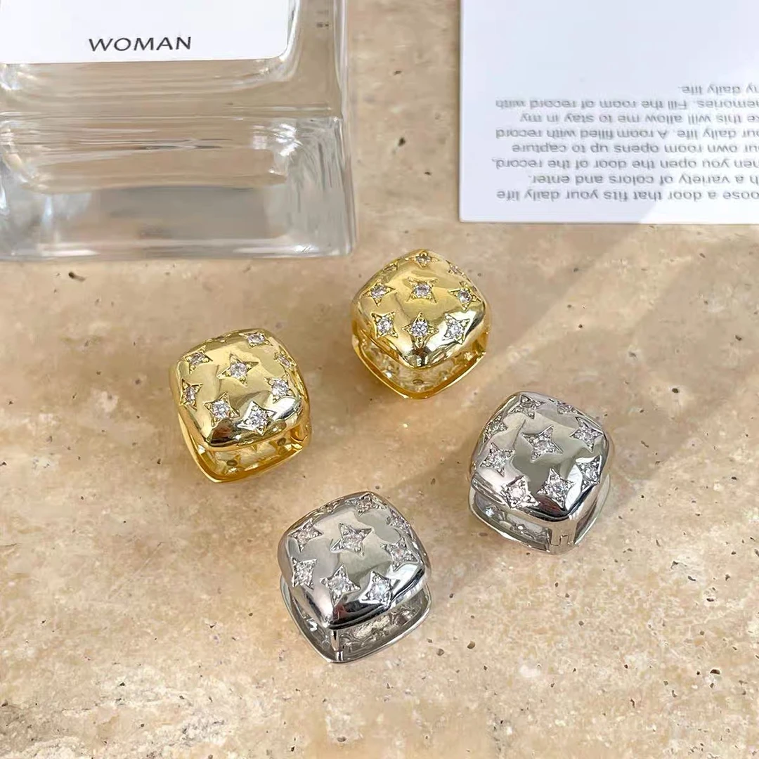 铜合金锆石耳饰 925银针小香风星星耳环女高级感立体方形耳扣耳钉