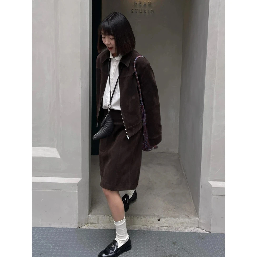 时尚复古翻领夹克外套女2025秋季新款韩版高级感气质半身裙两件套