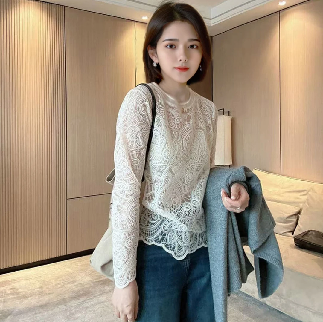 高级感法式轻奢镂空蕾丝设计感时尚百搭长袖内搭打底衫