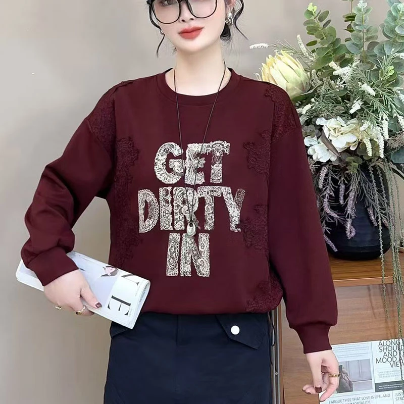 蕾丝拼接印花卫衣女2025春秋季新款韩版时尚洋气宽松抽绳下摆上衣