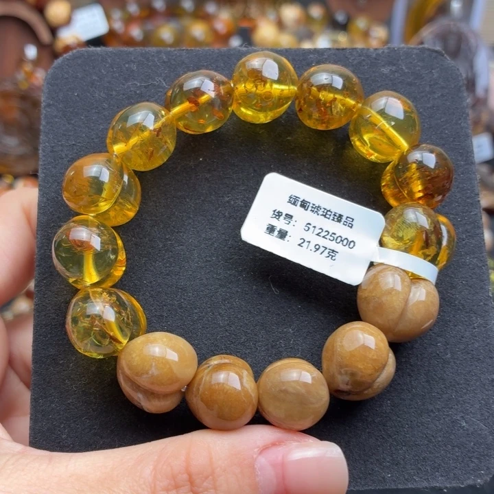 琥珀未镶嵌珠宝奇石黄绿茶金沙雨花老黄油根蜡屁桃单圈（21.79克