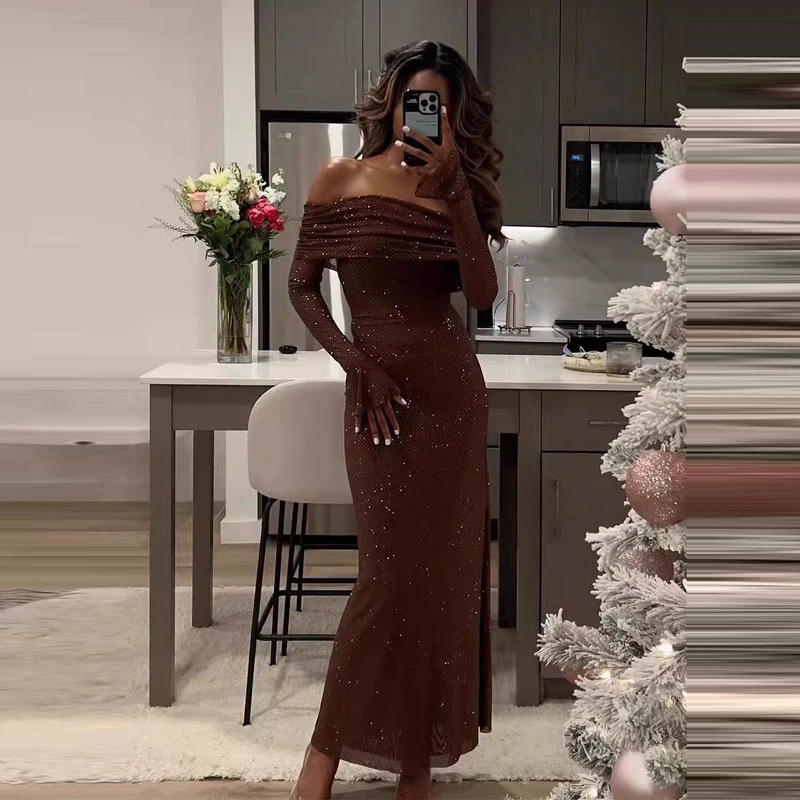 summer rose法式烫钻一字肩连衣裙轻奢礼服年会party露背抹胸长裙