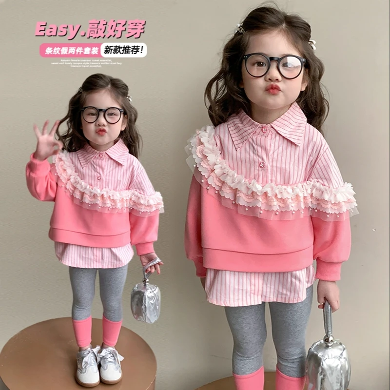 女童花边衬衫套装2025新款儿童春秋装洋气时髦女宝宝打底裤两件套