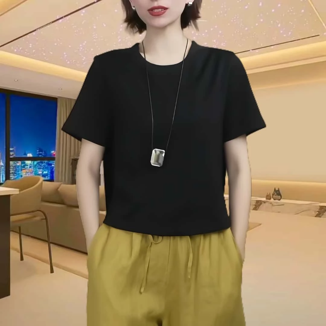 夏季新款宽松短袖圆领T恤女2025休闲简约百搭减龄纯色套头上衣衫
