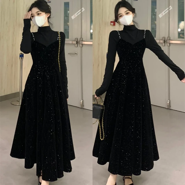 大码胖mm高级感黑色打底衫细闪吊带连衣裙女秋冬气质长裙两件套装