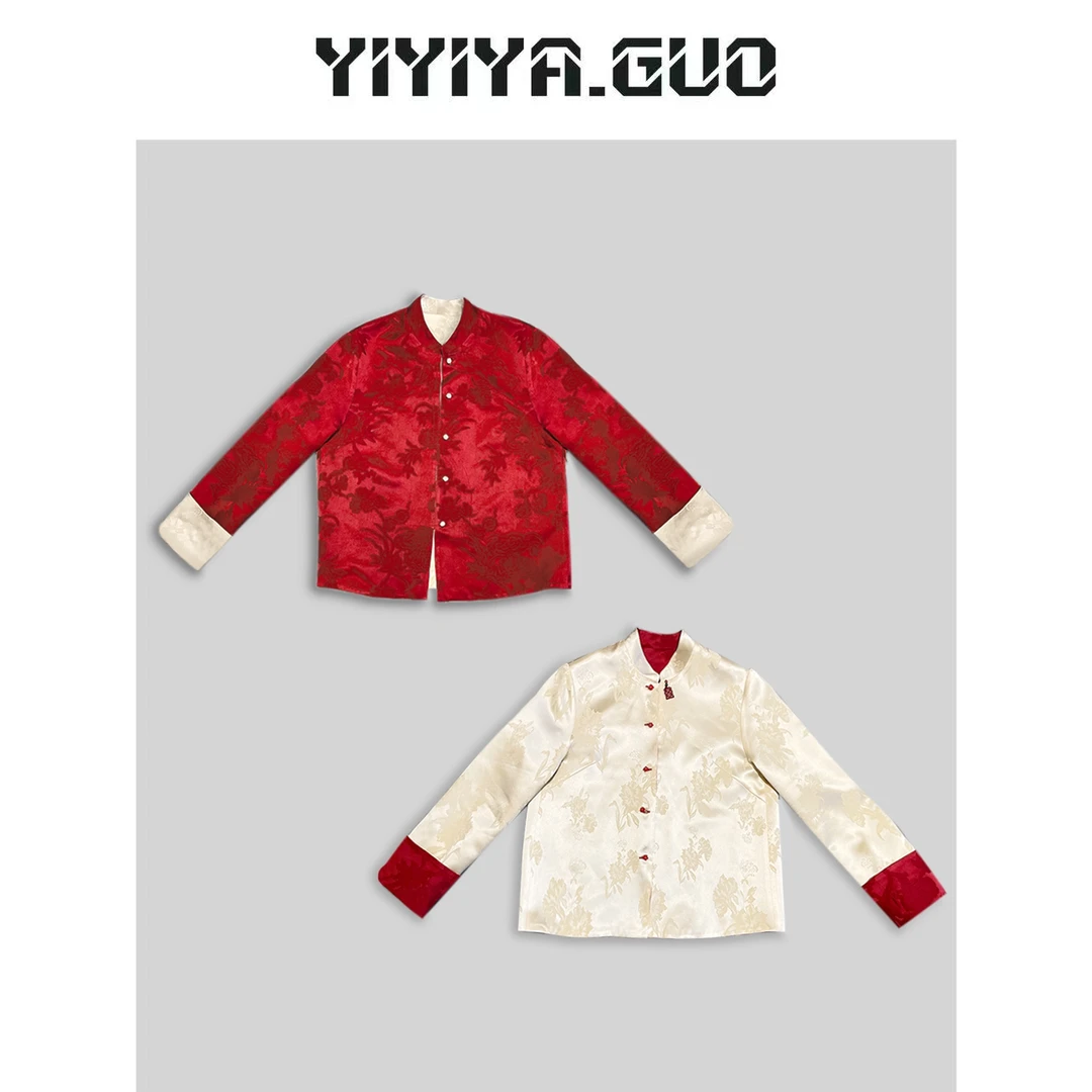 yiyiya.Guo艺艺吖/双面穿红白拼接中扣长袖外套2023170