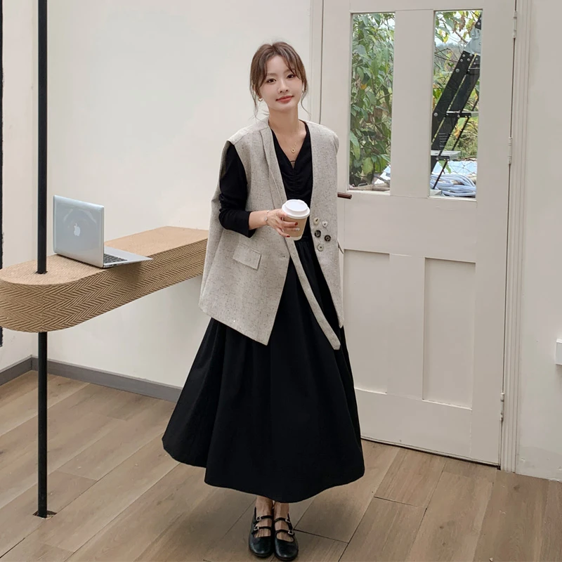 松弛感套装裙女2025早春新款韩系氛围感遮肉显瘦马甲连衣裙两件套