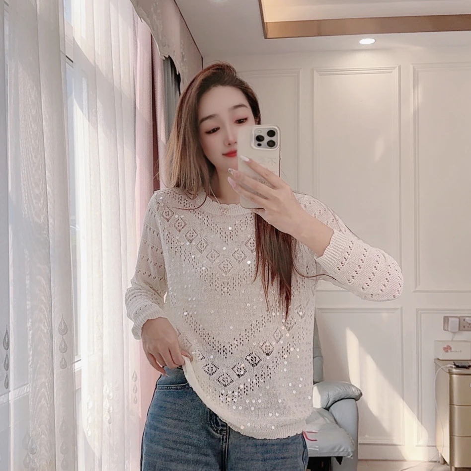 2552现货春夏针织衫长袖亮片镂空宽松女装韩版减龄套头设计感罩衫