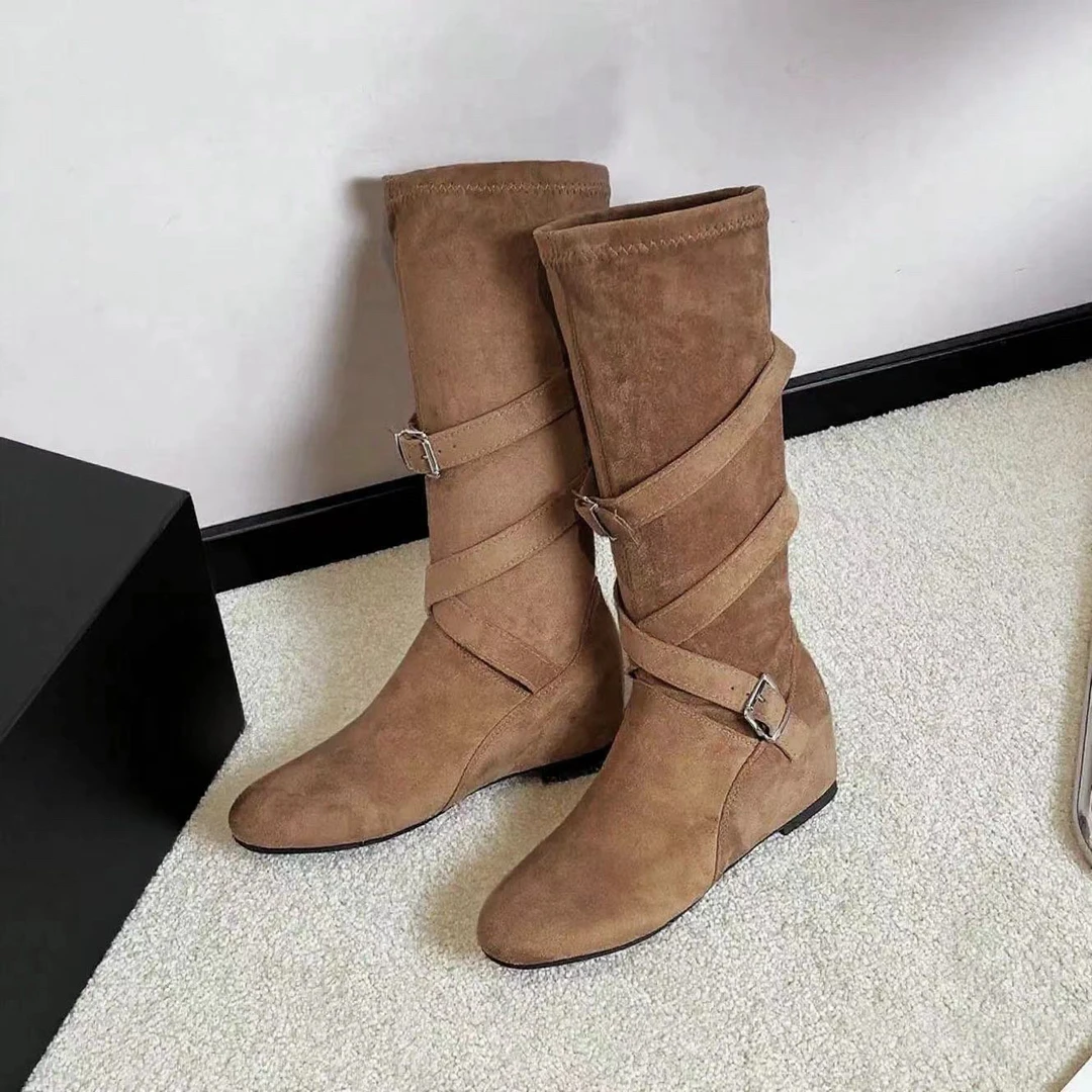 6CM内增高~软皮复古美拉德长筒靴女2025秋季新款堆堆靴显瘦骑士靴