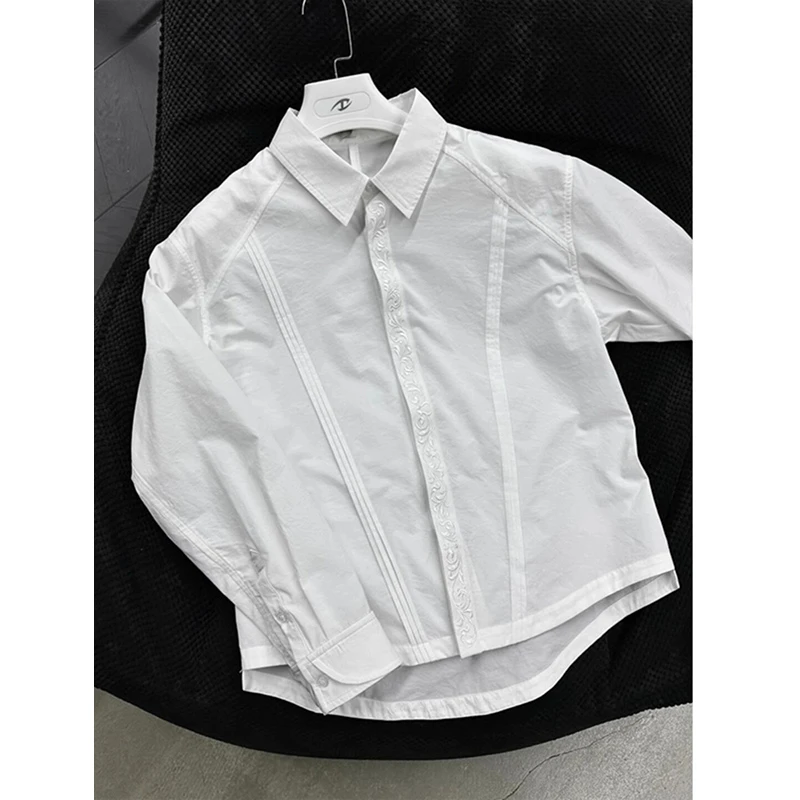 cleanfit永生花刺绣白色衬衫男长袖小众设计高级感痞帅内搭衬衣春