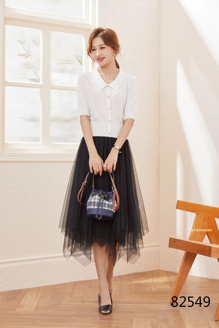 S 549短袖翻领圆领正常袖拼接针织衫夏季新中式