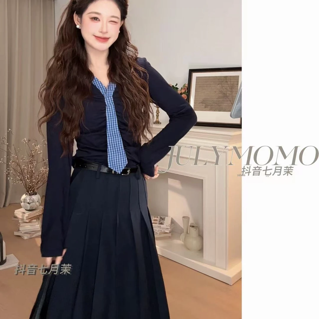 韩系独特连衣裙子女早秋季2025新款小个子套装6974
