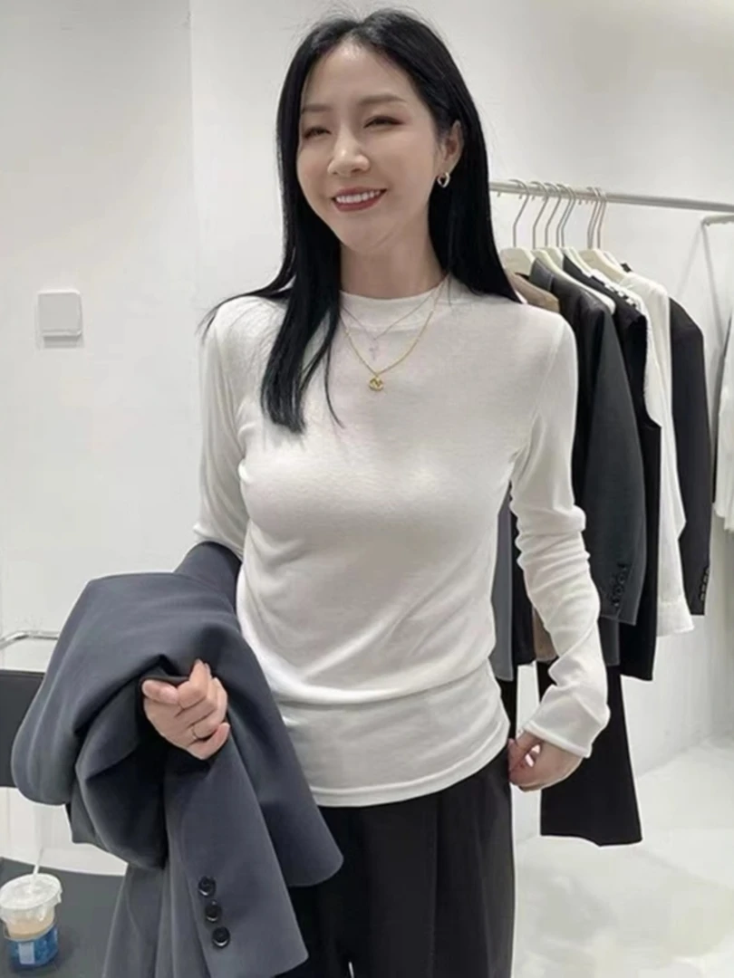2025秋季新款白色半高领打底衫女洋气内搭长袖T恤叠穿小立领上衣