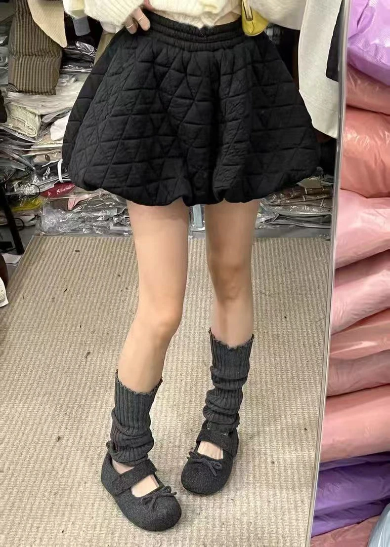 秋冬韩版加厚保暖大码半身短裙设计感高腰菱形夹棉花苞裙593314