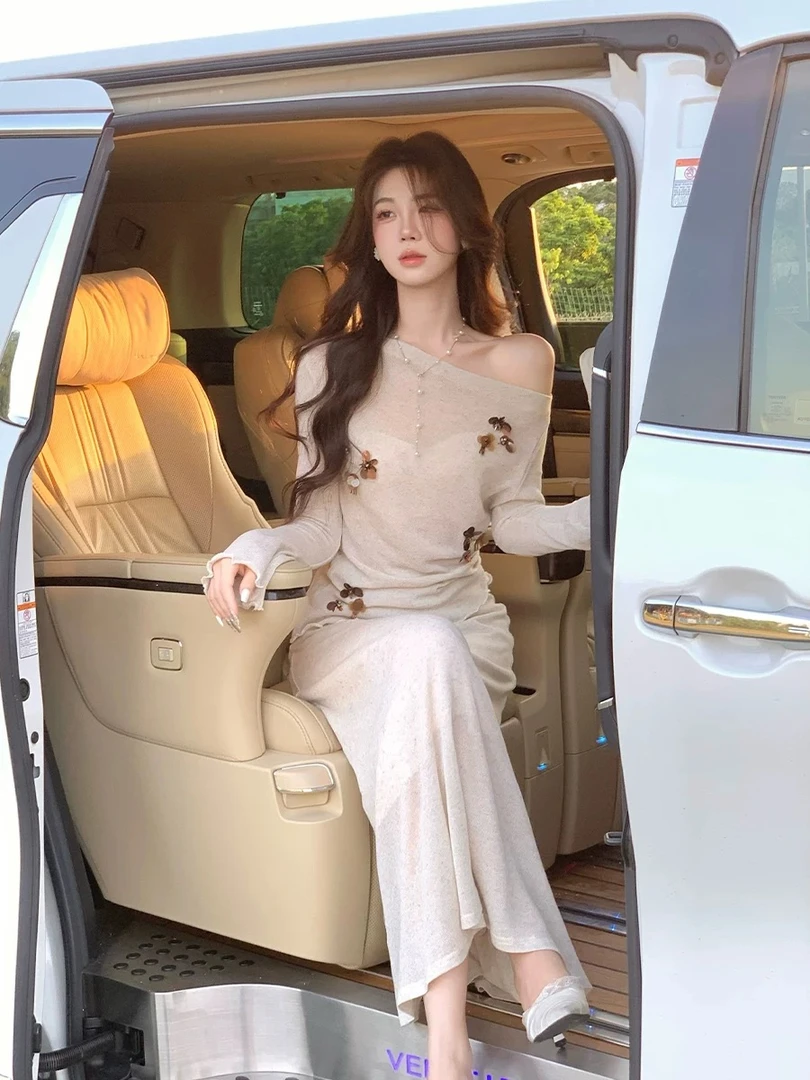 【韩女氛围】2025早秋温柔浪漫长袖针织衫套头上衣女高腰半身裙套装