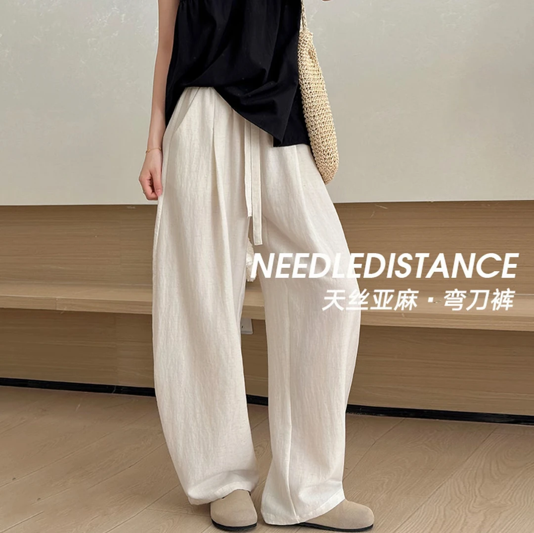 天丝亚麻弯刀裤夏季想看抽绳松紧遮胯显瘦垂感时髦百搭休闲弯刀裤
